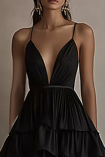 Ruffled Tiered Chiffon High Low Black Tie Dress